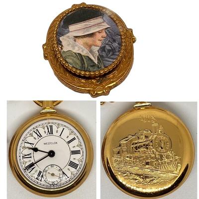 Vintage Westclox Engraved Train Pocket Watch & â€œOriginal By Robertâ€ Brooch