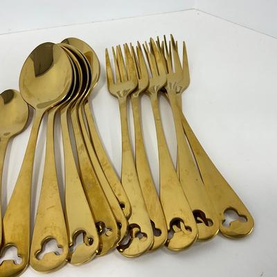 -220- KITCHEN | Mickey Mouse 23 Piece Gold Tone Silverware