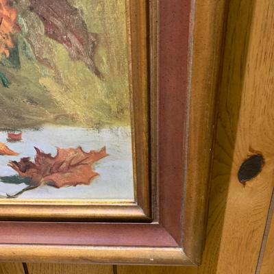 Large Mums, Oak Leaves flower textured print in beveled wood frame
