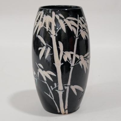 Asian handmade, bamboo etched vase.stoneware?