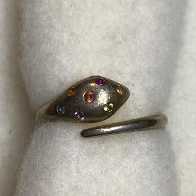 Sterling silver serpent ring with seven multicolored stones. Size 6