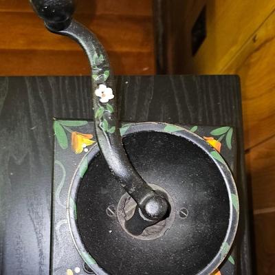 Antique coffee grinder with folk art hearts and flowers