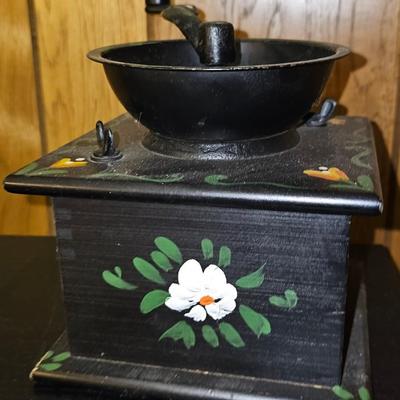 Antique coffee grinder with folk art hearts and flowers