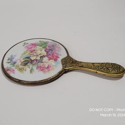 Antique hand held miror, porcelain hand painted