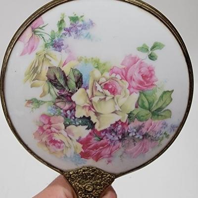 Antique hand held miror, porcelain hand painted