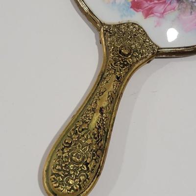 Antique hand held miror, porcelain hand painted