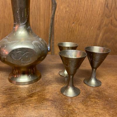 Vintage Brass Ewer Pitcher with cups