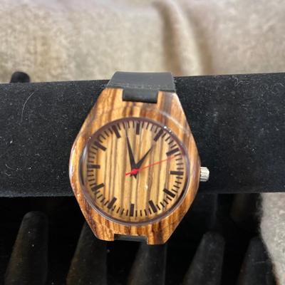 J6-wood watch with black leather band