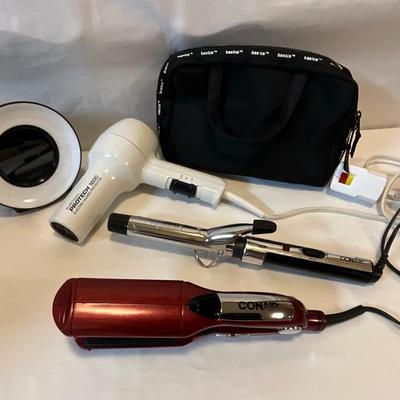 Alarm clock, hair items, basics bag