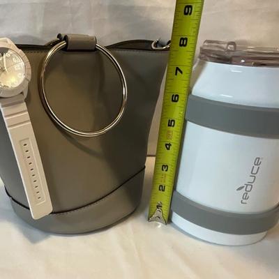 Reduce water cooler, adidas watch, gray bag