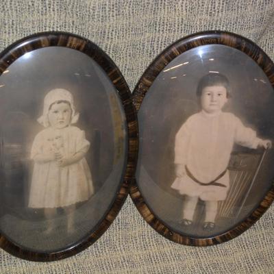 Lot of 2 Antique Boy & Girl Portraits in Antique Convex Glass Frames 21"x15"