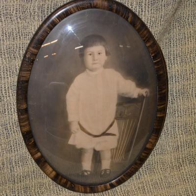 Lot of 2 Antique Boy & Girl Portraits in Antique Convex Glass Frames 21"x15"