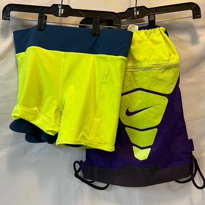 Fabletics Blue/Neon Green shorts Med, Nike Purple/Neon Green Gym bag