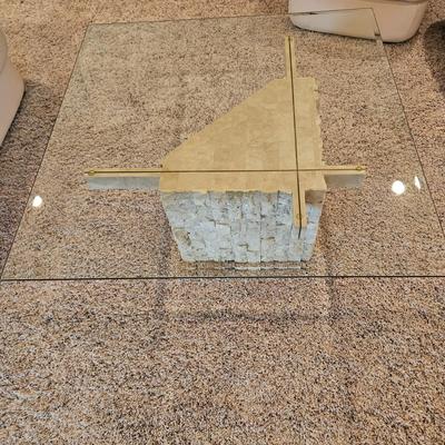 Glass Topped Modern Coffee Table w/Stone Base (BSR-DW)