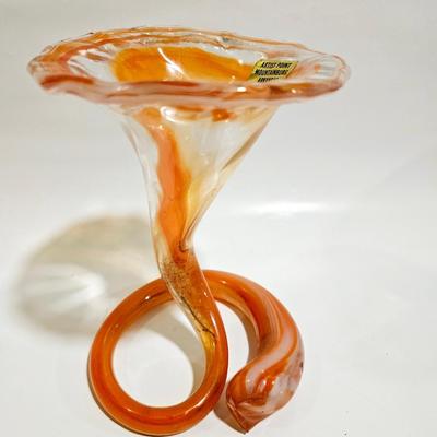 Handmade orange and white glass vase, Artist Point Mountainburg ARK 1970s style vintage