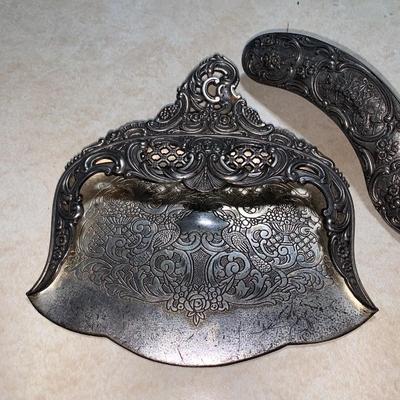 Vintage Silver Plate Butler Crumb Dustpan Tray and Brush