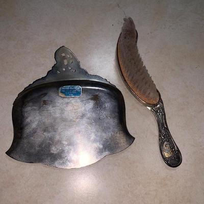 Vintage Silver Plate Butler Crumb Dustpan Tray and Brush