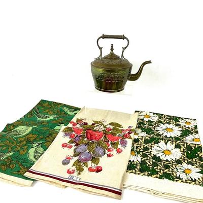 961 Vintage 3pc Linen Tea Towel Set with Copper Brass Teapot