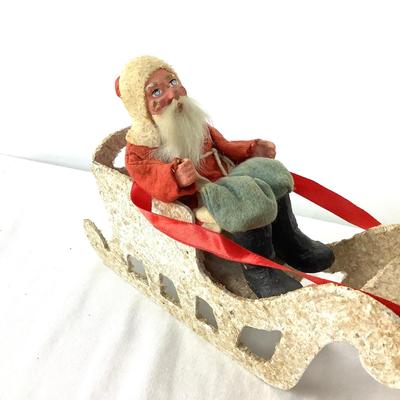 962 Antique Paper Mache Santa with Sled and Celluloid Reindeer
