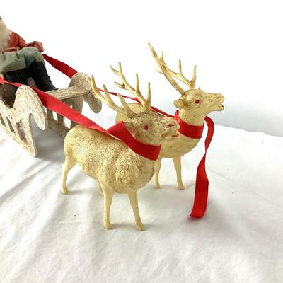 962 Antique Paper Mache Santa with Sled and Celluloid Reindeer