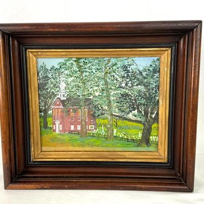 963 Vintage Watercolor of Presbyterian Church in Walnut Frame