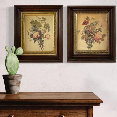 964 Pair of Vintage Floral Prints in Walnut Frames