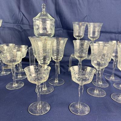 967 Large Set of Vintage Etched Glass with Tumblers and Covered Dish