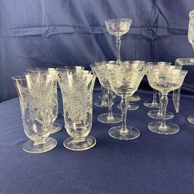 967 Large Set of Vintage Etched Glass with Tumblers and Covered Dish