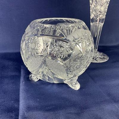 970 Set of 3 Antique Cut Crystal Vase, Rose Bowl, Compote