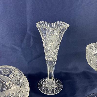 970 Set of 3 Antique Cut Crystal Vase, Rose Bowl, Compote