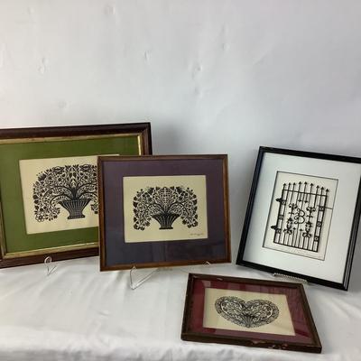 975 Lot of 4 Vintage Folk Art Framed Paper Cuttings