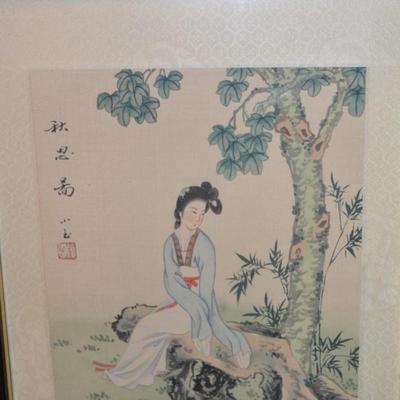 Set of 2 Vintage Signed Hand Painted Asian Wall Art 11"x9"
