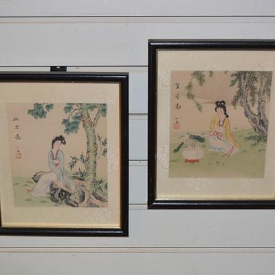Set of 2 Vintage Signed Hand Painted Asian Wall Art 11"x9"