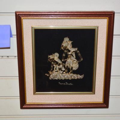 RARE Silver & Gold Hand Sewn Karno Tanding Traditional Javanese Wall Art in Shadow Box