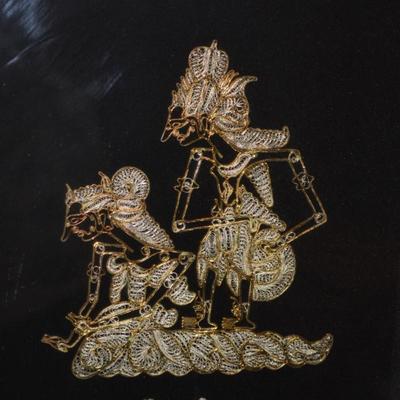 RARE Silver & Gold Hand Sewn Karno Tanding Traditional Javanese Wall Art in Shadow Box