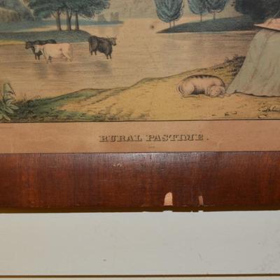 Antique Kellogg's & Thayer "Rural Pastime" 399 Framed Lithograph 16.25"x12.5" AS IS