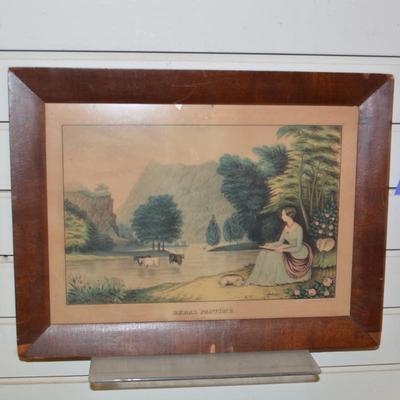 Antique Kellogg's & Thayer "Rural Pastime" 399 Framed Lithograph 16.25"x12.5" AS IS