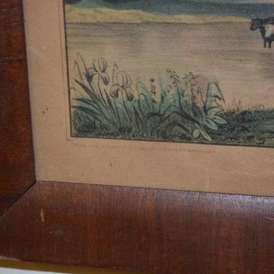 Antique Kellogg's & Thayer "Rural Pastime" 399 Framed Lithograph 16.25"x12.5" AS IS