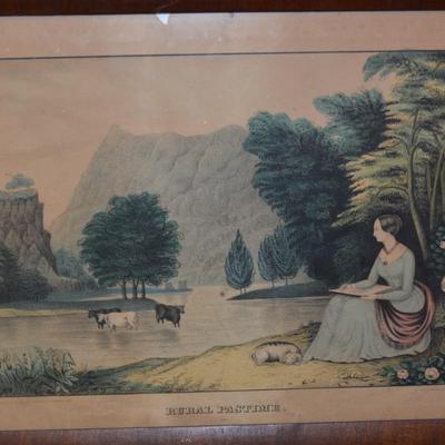 Antique Kellogg's & Thayer "Rural Pastime" 399 Framed Lithograph 16.25"x12.5" AS IS