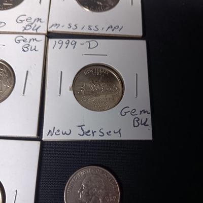 5 UNCIRCULATED STATE QUARTERS, 1 STATE QUARTER AND 3 - 1943 PENNIES