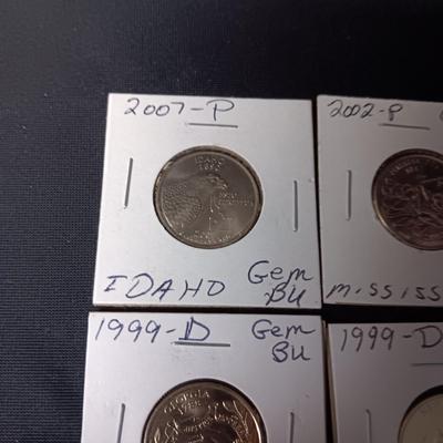 5 UNCIRCULATED STATE QUARTERS, 1 STATE QUARTER AND 3 - 1943 PENNIES