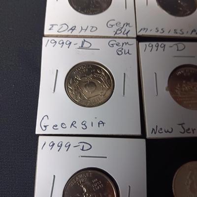 5 UNCIRCULATED STATE QUARTERS, 1 STATE QUARTER AND 3 - 1943 PENNIES