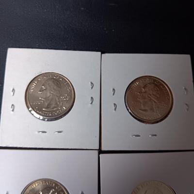 5 UNCIRCULATED STATE QUARTERS, 1 STATE QUARTER AND 3 - 1943 PENNIES