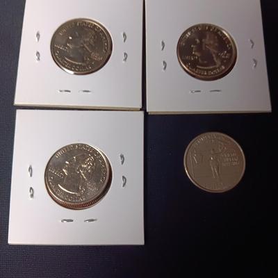 5 UNCIRCULATED STATE QUARTERS, 1 STATE QUARTER AND 3 - 1943 PENNIES