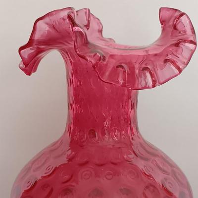 LOT 10: Cranberry Glass Pitcher with Ruffled Vase