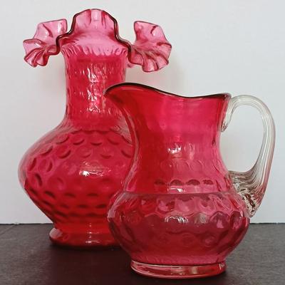 LOT 10: Cranberry Glass Pitcher with Ruffled Vase