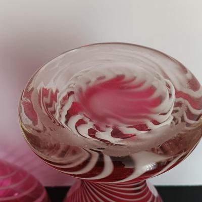 LOT 11: Pair of Cranberry Glass Vases with White Swirl Pattern