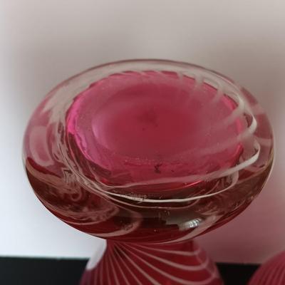 LOT 11: Pair of Cranberry Glass Vases with White Swirl Pattern