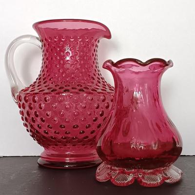 LOT 12: Cranberry Glass Pitcher with Small Vase