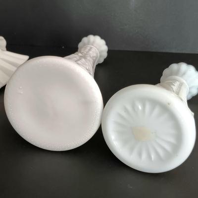 LOT 18: Milk Glass Collection- Set of 4 Candleholders w/ Bud Vase and Ruffled Bowl